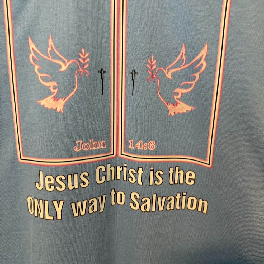 Blue Graphic Tee with Religious Print